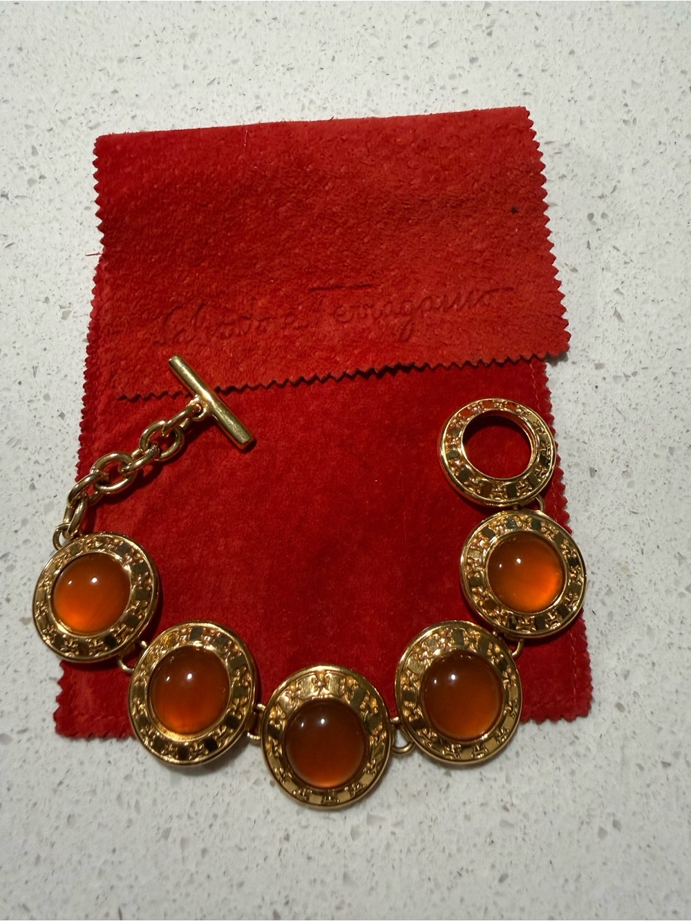 Salvatore Ferragamo Gold and Amber Cabochon Bracelet